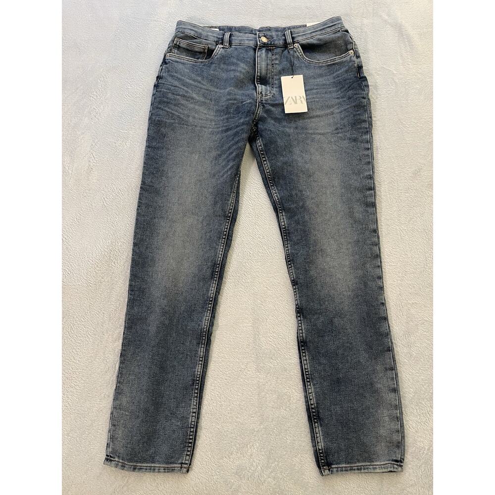NWT Zara | Slim Tapered Leg Cotton Medium Wash Distressed Denim Jeans Men’ S 36